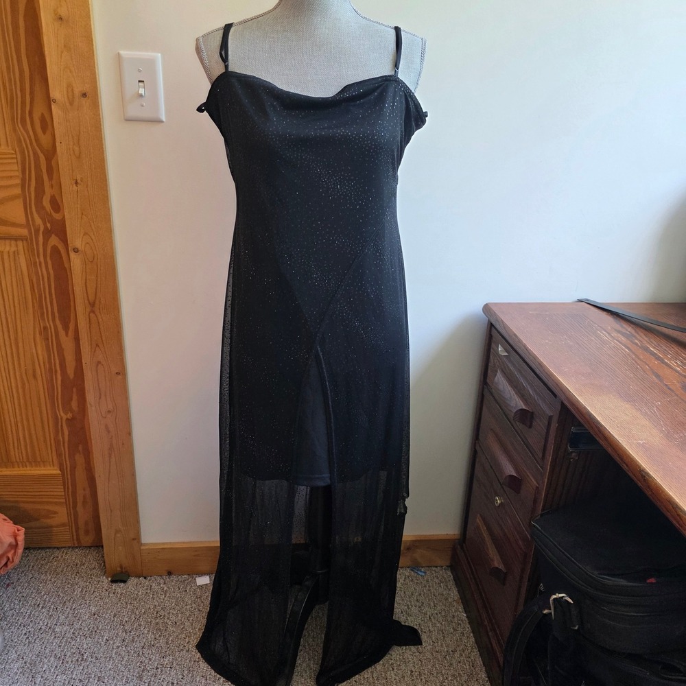 Vintage Fashion Bug Y2K Black Glitter Mesh Cowl Neck Maxi Dress XL Slit HoCo